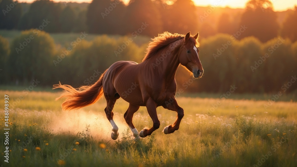 Fototapeta premium A red-colored horse racing across a plains