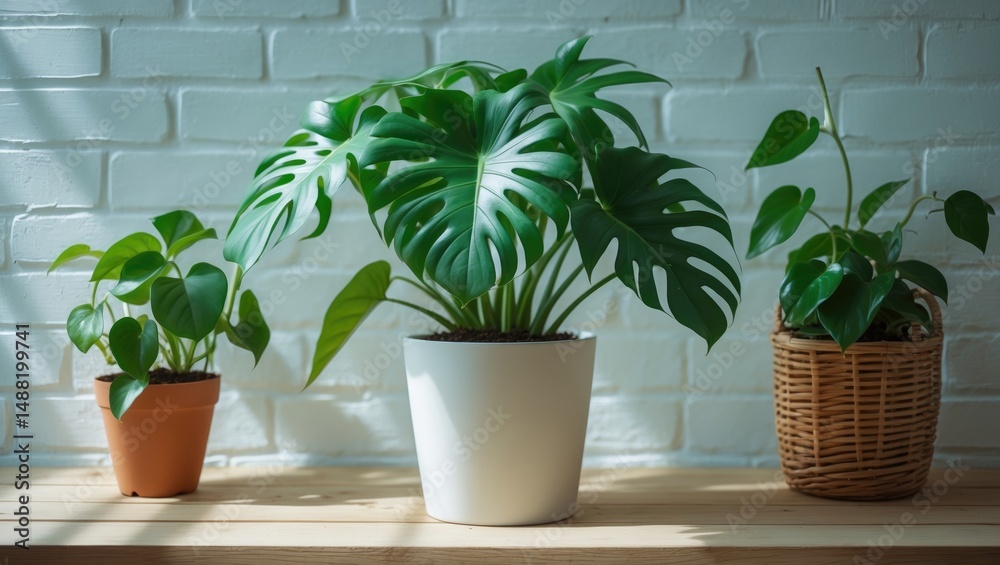 Obraz premium Indoor plant in a flower pot on a white table, close-up view.