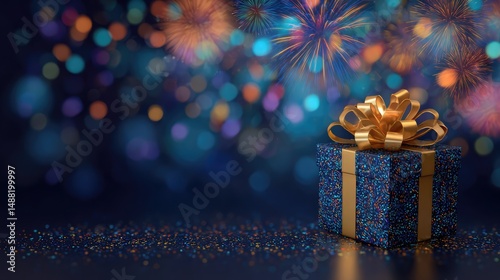 A beautifully wrapped gift box with a golden ribbon sits amid sparkling confetti and festive fireworks, creating a magical celebration atmosphere.
