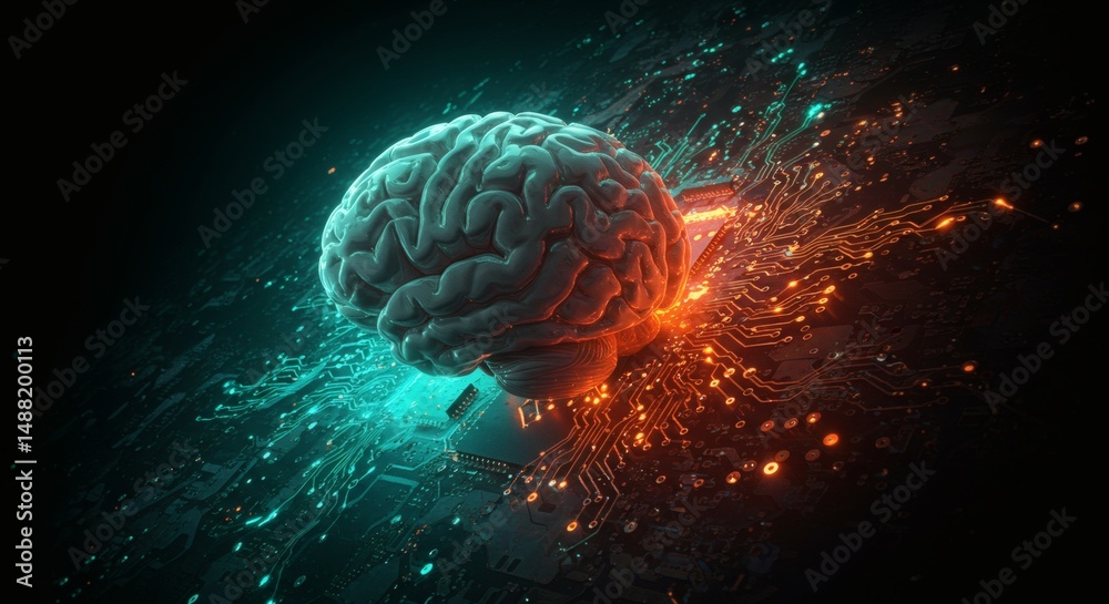 Fototapeta premium Brain Connecting with Computer Circuitry Representing Artificial Intelligence Concept