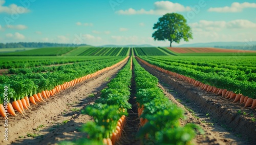 Carrot plants in an agricultural field with diminishing perspective and selective focus