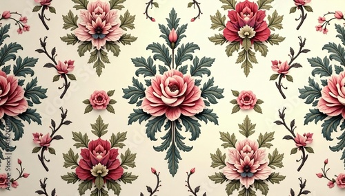 Elegant floral damask pattern, intricate design in muted tones, backgrounds, gold, patterns