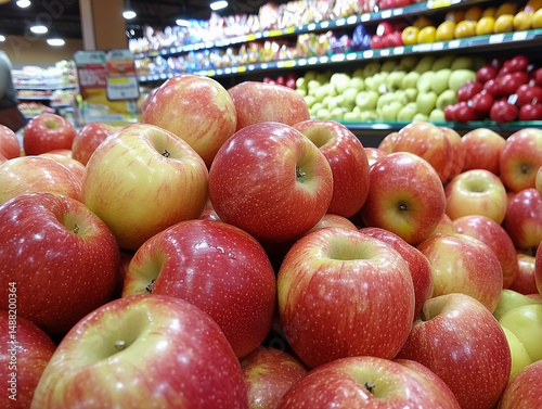 Pile of red apples in grocery store. Healthy eating. Vitamins and antioxidant.