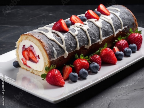 high quality detailed, cake roll with strawberries and cream cheese