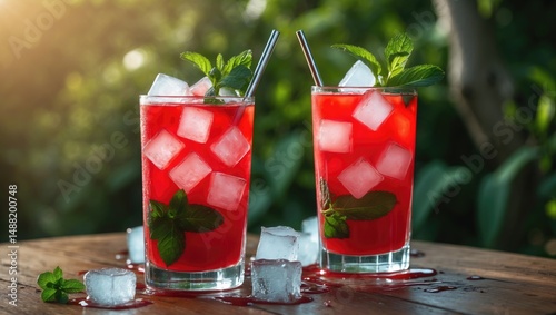 Wallpaper Mural Refreshing Bloody Mary with ice and mint leaves showcased in a scenic environment. Close-up of a glass displaying red tomato juice on a wooden table. Torontodigital.ca