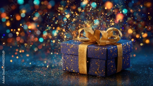 A beautifully wrapped gift box with a golden ribbon sits amid sparkling confetti and festive fireworks, creating a magical celebration atmosphere.