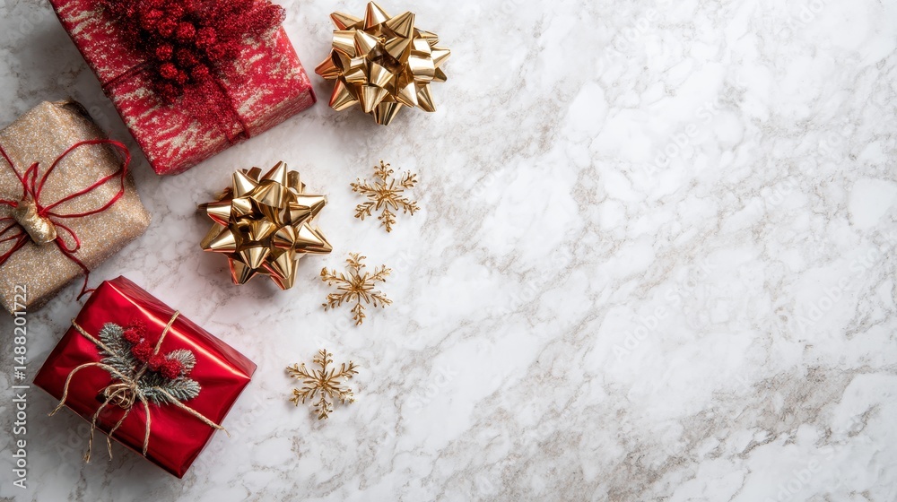 Fototapeta premium Christmas and New Year holiday background. Xmas greeting card. Christmas gifts on white marble background top view. Flat layout