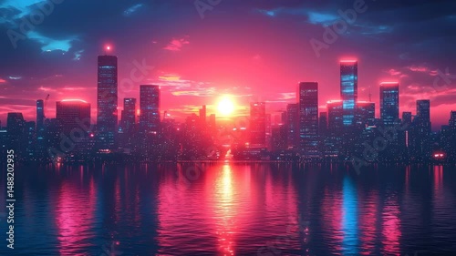 Wallpaper Mural Neon lit cityscape with glowing skyscrapers at sunset Torontodigital.ca