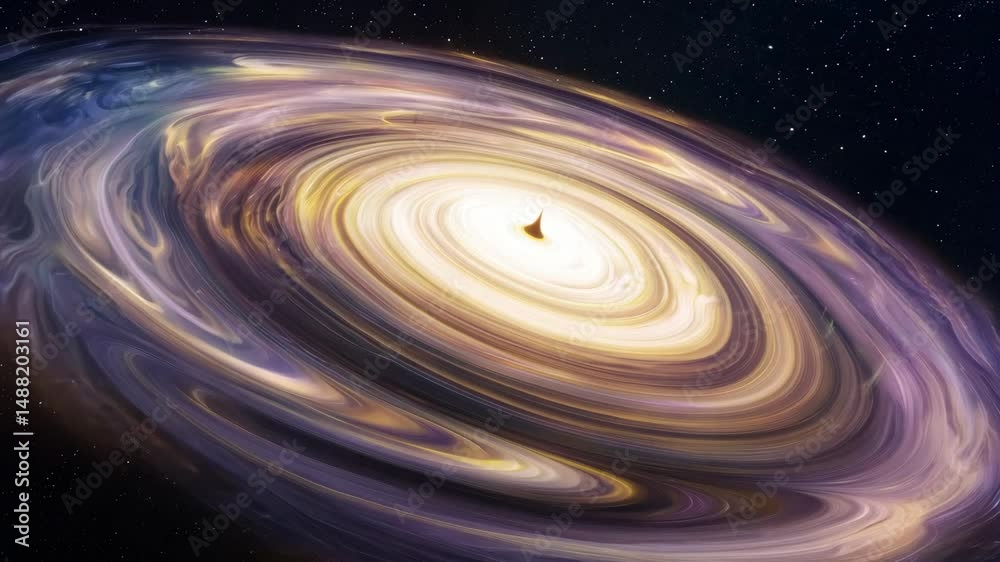 Vibrant cosmic object depicts a swirling accretion disk in deep space. Gas and dust circle a powerful center like a black hole or star system. Represents astronomy science mystery and the vast univers