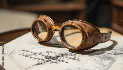Historic Aviation Icons: Classic Aviator Goggles and the Wright Flyer Blueprint