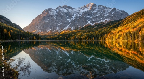 Mountain lake sunrise reflection autumn landscape