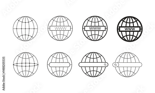 Global Web Access Icons. This minimalist icon set visually illustrates the progression of internet connectivity, symbolized by a globe and the evolving representation of web access.