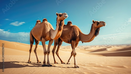 Fototapeta Naklejka Na Ścianę i Meble -  Two camels traversing with sand dunes behind them