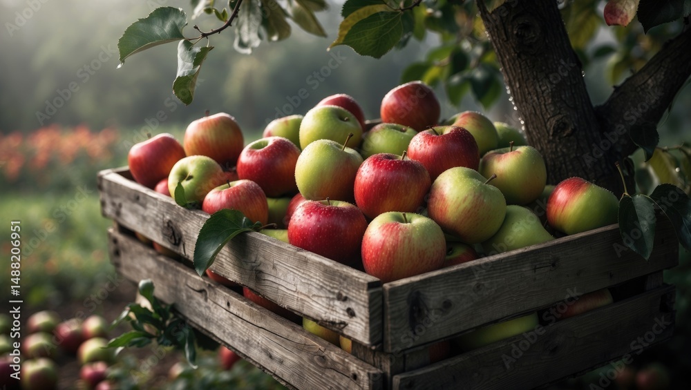 Apples in a rustic wooden crate attached to a tree Apples in a rustic wooden crate attached to a tree