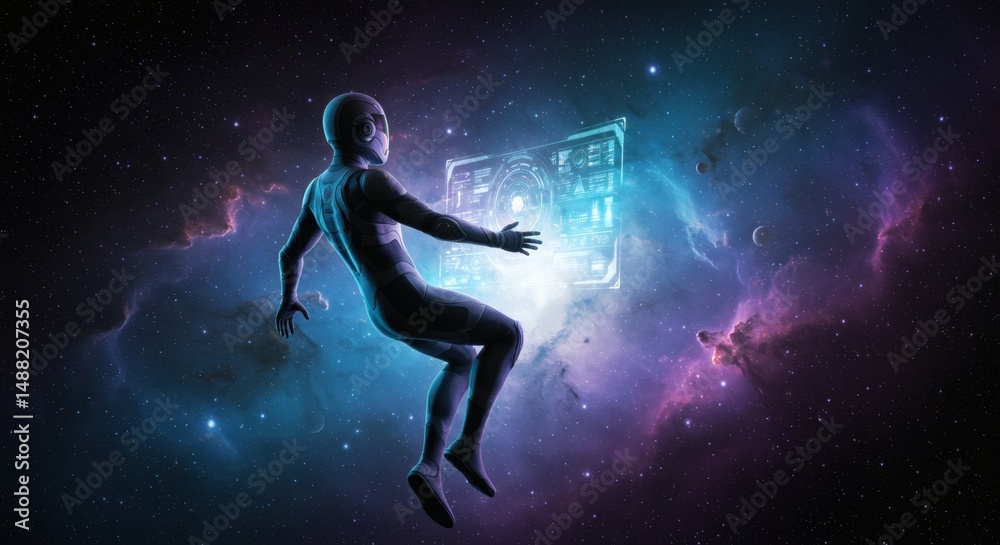 Fototapeta premium Astronaut Navigating Space with Futuristic Interface Amidst Colorful Nebula