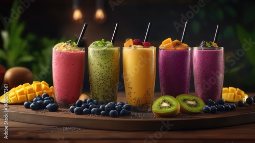 A vibrant lineup of colorful fruit smoothies in glasses, garnished with fresh fruits and mint leaves, displayed on a wooden board with a dark background.