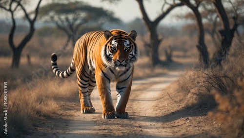 Bengal tiger walks on the road with its forepaw elevated