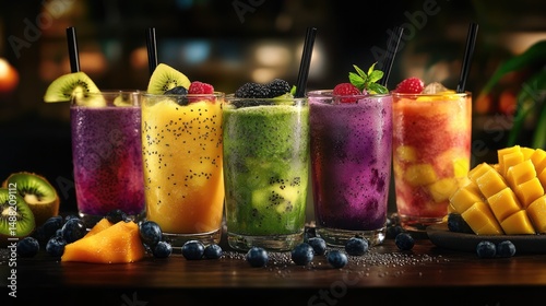 A vibrant lineup of colorful fruit smoothies in glasses, garnished with fresh fruits and mint leaves, displayed on a wooden board with a dark background.
