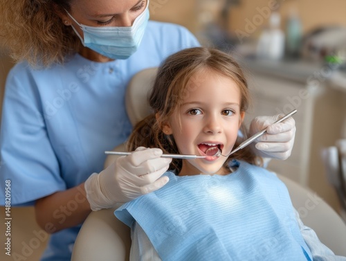 Caucasian girl at dentist office with female dentist, daytime