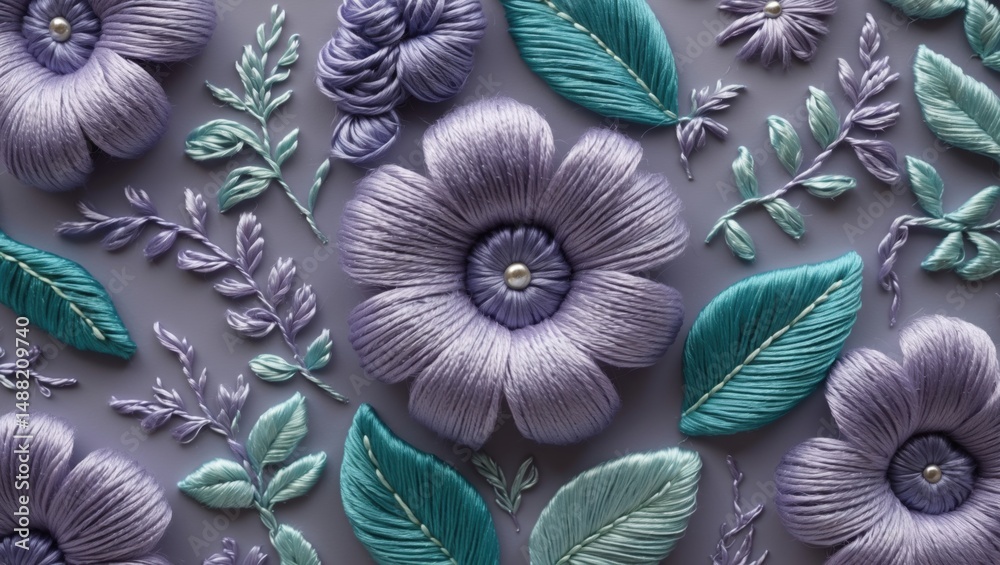 Obraz premium Close-up view of intricate floral embroidery featuring vibrant purple flowers and green leaves on a textured background, showcasing delicate