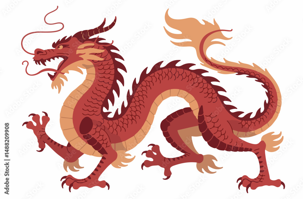Traditional Red Chinese Dragon Silhouette with Zodiac Symbol and Crawling Details – Celebrating Lunar New Year in Asian Culture. Traditional Red Chinese Dragon Silhouette with Zodiac Symbol and Crawling Details – Celebrating Lunar New Year in Asian Culture.