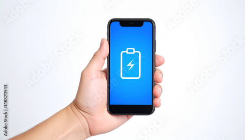 Un telefono movil o celular en la mano con un simbolo de bateria llena o cargando en la pantalla azul sobre fondo blanco