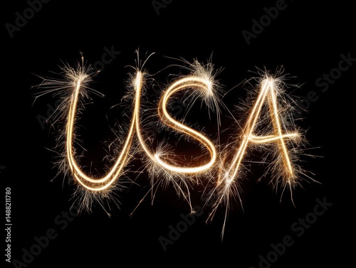 Sparklers forming 'USA' text in night sky outdoors