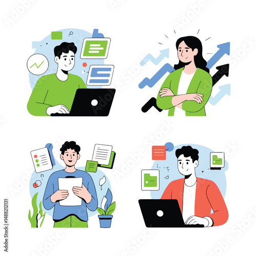 business recruitment process, job searching, interview, writing cv. Human recourses concept. Vector illustration.