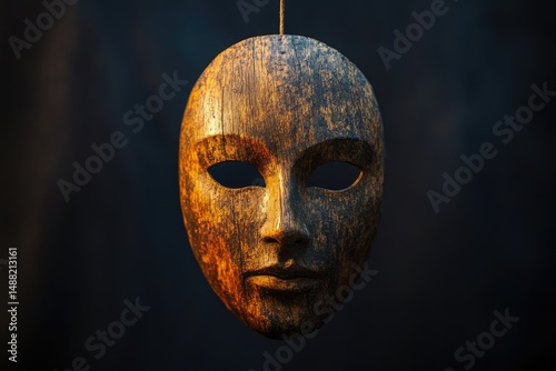 Hanging wooden mask with hollow eyes, crafted with rustic texture and suspended against a blurred, dark backdrop, creating an eerie effect.