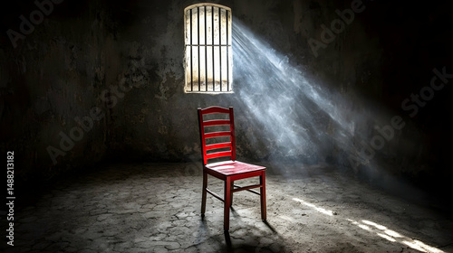 Red chair in solitary confinement cell, sunbeam through barred window, dust motes,  for film noir, mystery, or prison themes
