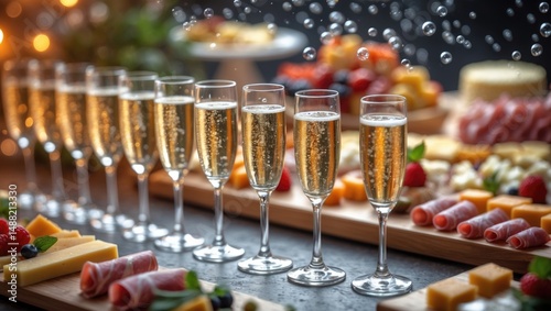 Furshet. A tabletop adorned with glasses of sparkling wine alongside canapes and antipasti in the backdrop. bubbles photo