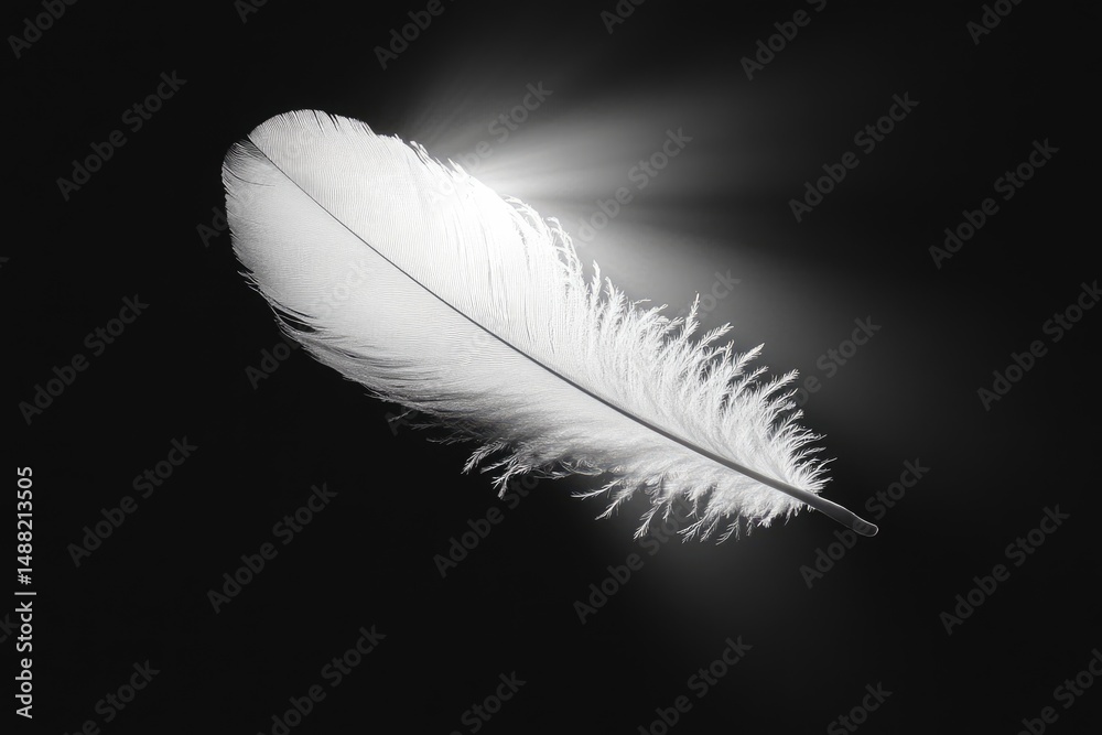 Obraz premium A luminous white feather rests against a stark black backdrop, radiating ethereal light and delicate beauty, creating an eye-catching contrast.