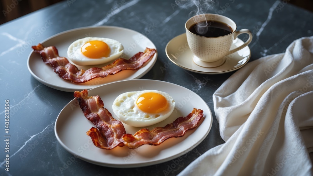 Breakfast eggs and bacon served on white plates with coffee on a marble table Breakfast eggs and bacon served on white plates with coffee on a marble table