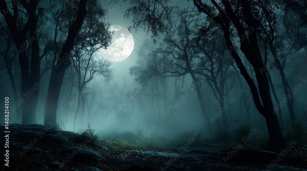 Obraz premium full moon in dark woods at night, fantasy forest panorama