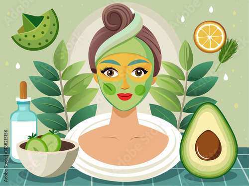 A flat vector of a woman with a green avocado mask on her face and a towel wrap. White background, natural skincare at home