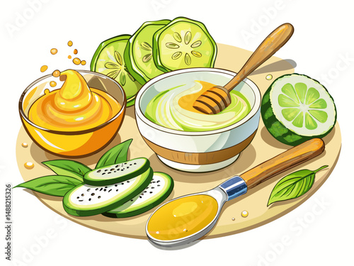 A bowl of yogurt and honey with a brush beside sliced cucumbers. White background, DIY facial mask preparation