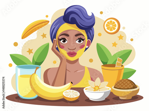 A woman relaxing with an oatmeal mask and slices of banana nearby. White background, nourishing skin treatment