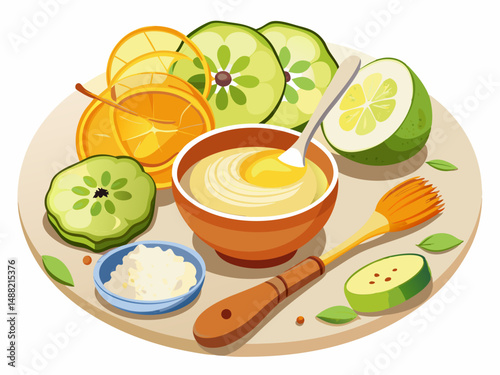 A bowl of yogurt and honey with a brush beside sliced cucumbers. White background, DIY facial mask preparation