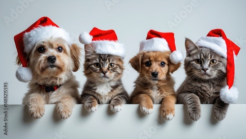 Cats and dogs donning Christmas hats posing for the camera. Surrounded by a white background.