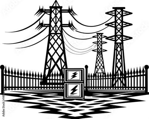 SVG illustrating electrical safety and energy protection. Abstract Black and White Electric Power Line Illustration Design