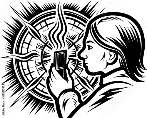 SVG illustrating electrical safety and energy protection. Person Holding Device with Radiating Lines and Sunburst Background