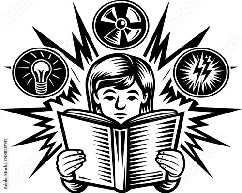 SVG illustrating electrical safety and energy protection. Woman Reading Book Surrounded by Technology and Energy Concepts
