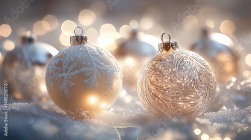 Festive, luminous Christmas ornaments in the snow