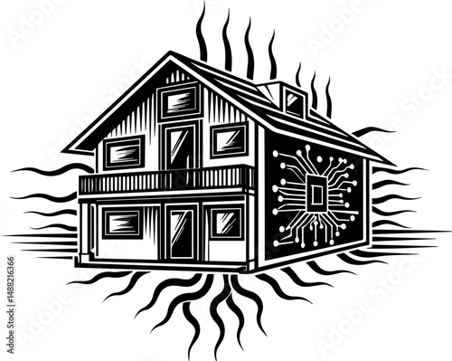 SVG illustrating electrical safety and energy protection. Modern House with Circuit Pattern and Artistic Sunburst Design
