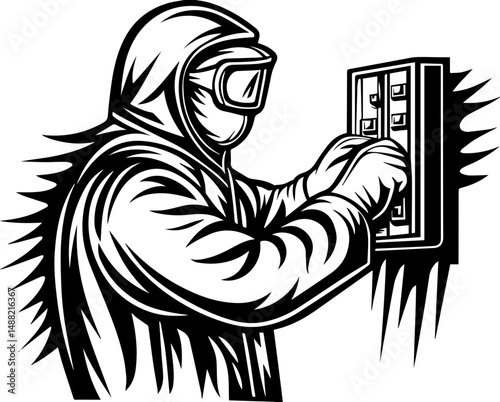 SVG illustrating electrical safety and energy protection. Electrician in Protective Gear Working on Electrical Panel