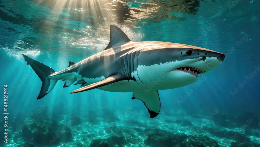 Obraz premium Powerful great white shark moving in the deep blue waters with rays of sunshine