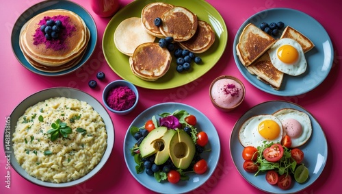 Wallpaper Mural Assorted breakfast foods including cereal, bacon, sausage, and vegetables arranged on a plate seen from above Torontodigital.ca