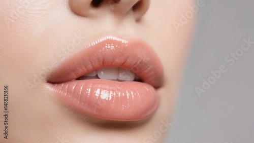 Close-up of glossy lips with a neutral background