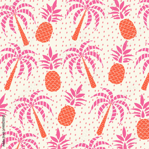 Hand drawn tropical palm tree and pineapple seamless pattern. Summer tropical print. Vector hand drawn illustration for fabric, wrapping paper, prints, artworks.