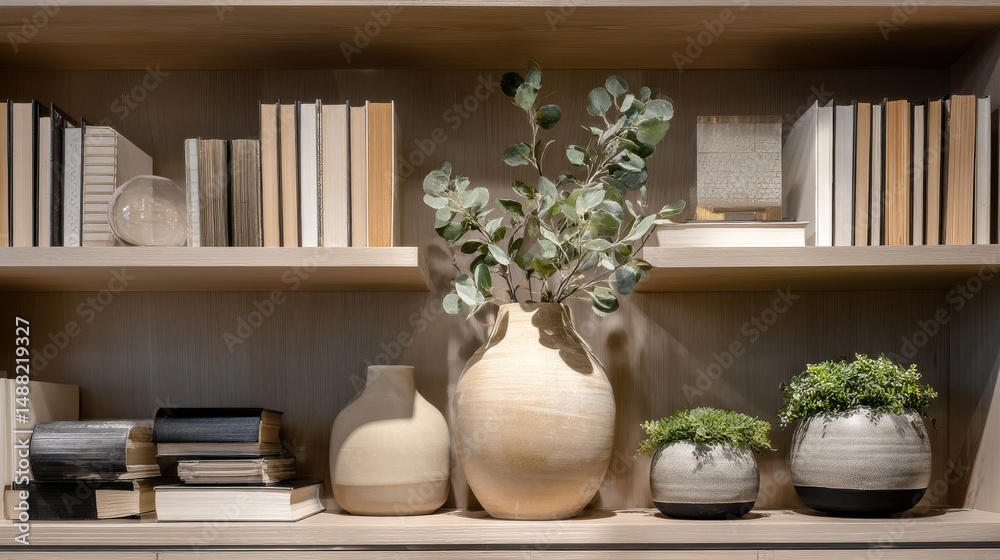 Fototapeta premium Neutral ceramic vases and lush houseplants on wooden shelves. Soft daylight in a modern home library. Calm balance and mindful productivity. Ideal for wellness branding and interior design